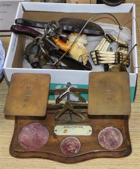 A set of postal scales, weights, a Meerschaum pipe, military compass etc